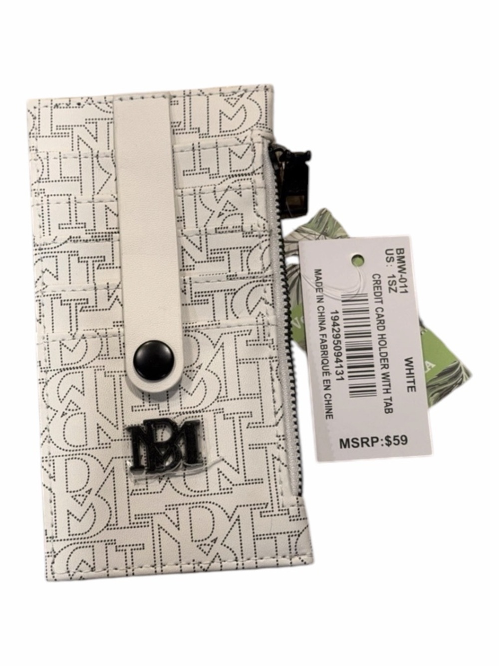 Badgley Mischka White Monogram Card Holder Wallet with Zipper